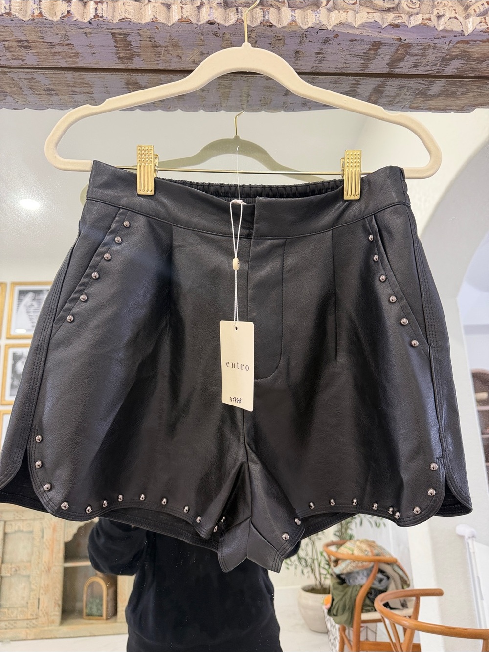 entro Black Faux Leather High-Waist Studded Shorts